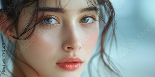 A tender and charming Asian lady with teardrop  a beauty portrait reflecting sensitivity and emotion.