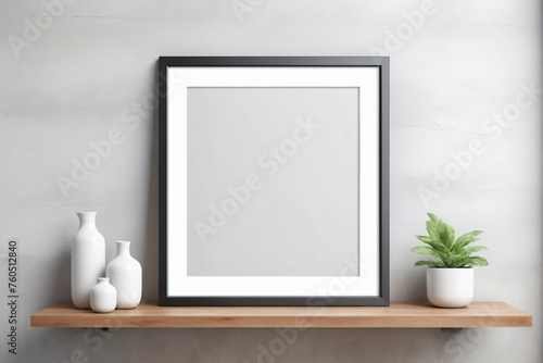 Blank mock up poster frame on wooden shelf against concrete wall