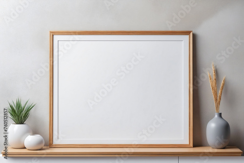 Blank mock up poster frame on wooden shelf against concrete wall