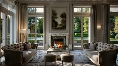 Lavish Living Room with Opulent Silver-Grey Seating Overlooking a Verdant Garden