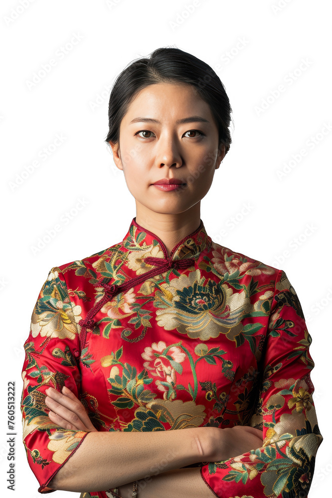 Portrait of an Asian woman in traditional Chinese outfit isolated on a white background as transparent PNG
Portrait of an Asian woman in traditional Chinese outfit isolated on a white background as transparent PNG