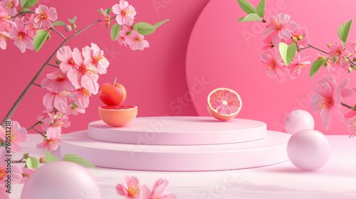 A 3D display platform featuring a pink podium backdrop, perfect for presenting beauty products