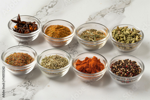 kinds of spices in a wooden bowls