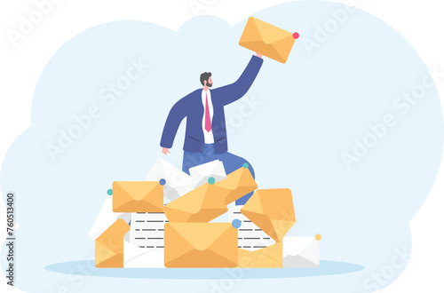 Businessman found right letter in a pile of emails. A lot of emails, spam, direct mail. Vector, illustration, flat

