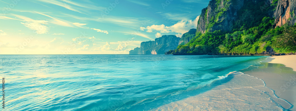 A beautiful beach with a clear blue ocean and mountains in the background