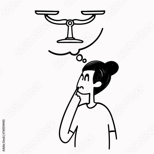 hand drawn doodle person think about weight scale balance