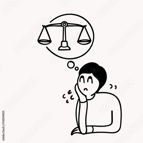 hand drawn doodle person think about weight scale balance