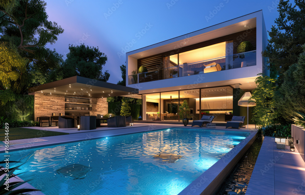 Modern house with swimming pool and barbecue area at night in Sydney, Australia