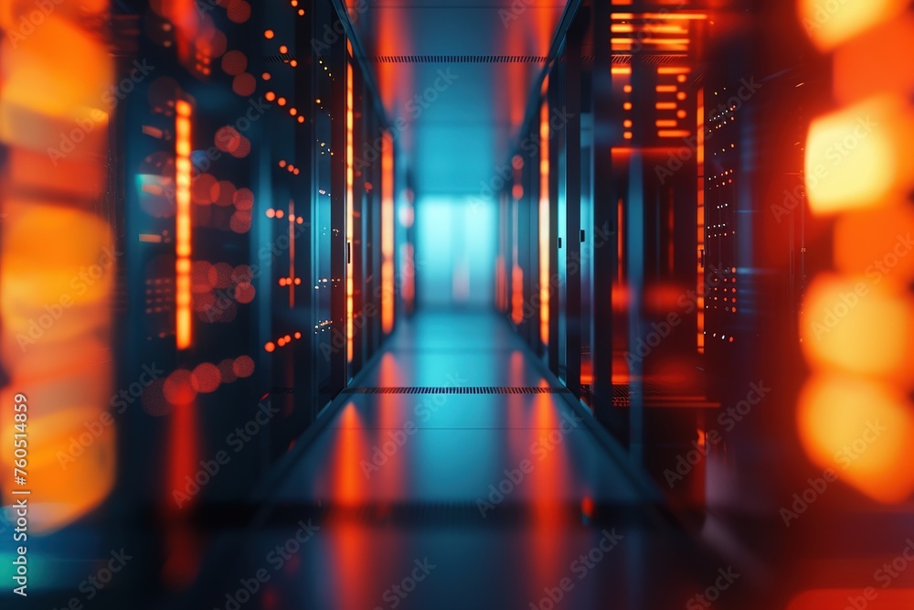 Server room blurred blue, orange, technology concept data storage data server big data futuristic - obrazy, fototapety, plakaty 