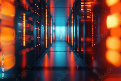 Server room blurred blue, orange, technology concept data storage data server big data futuristic