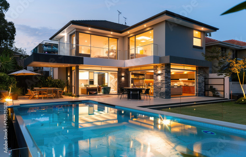 Modern house with swimming pool and barbecue area at night in Sydney, Australia © Kien