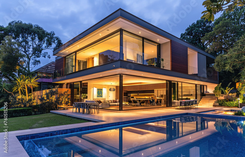 Modern house with swimming pool and barbecue area at night in Sydney, Australia © Kien