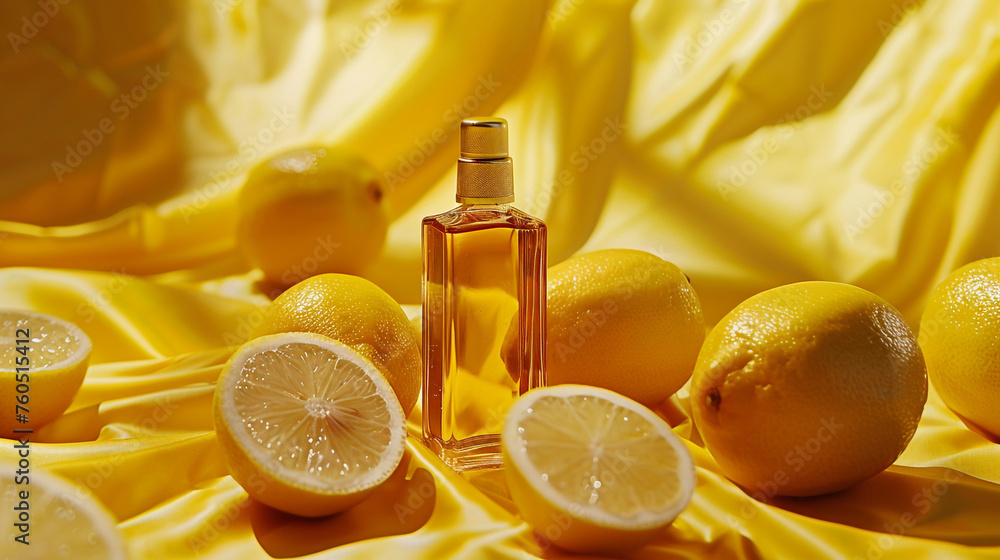 amber cosmetic bottle on lemon background сreated with Generative Ai amber cosmetic bottle on lemon background сreated with Generative Ai
