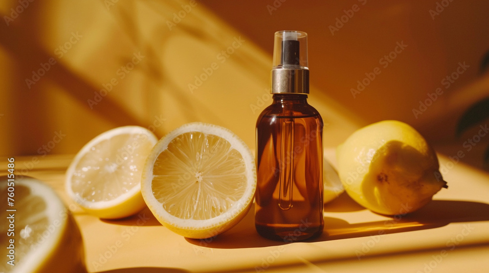amber cosmetic bottle on lemon background сreated with Generative Ai amber cosmetic bottle on lemon background сreated with Generative Ai