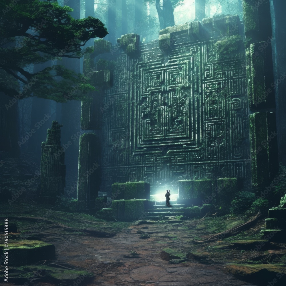 Ancient ruins serving as data centers for quantum computing research, hidden in dark forests