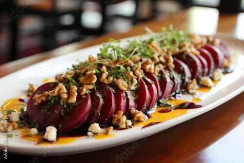 Roasted beet salad with goat cheese, walnuts, balsamic vinaigrette a refreshing summer dish