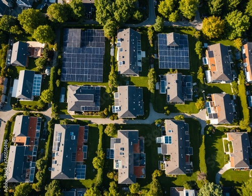 Sustainable Living: Solar-Powered Eco Neighborhood. Photo of an ecological neighborhood featuring houses with solar panels on their roofs