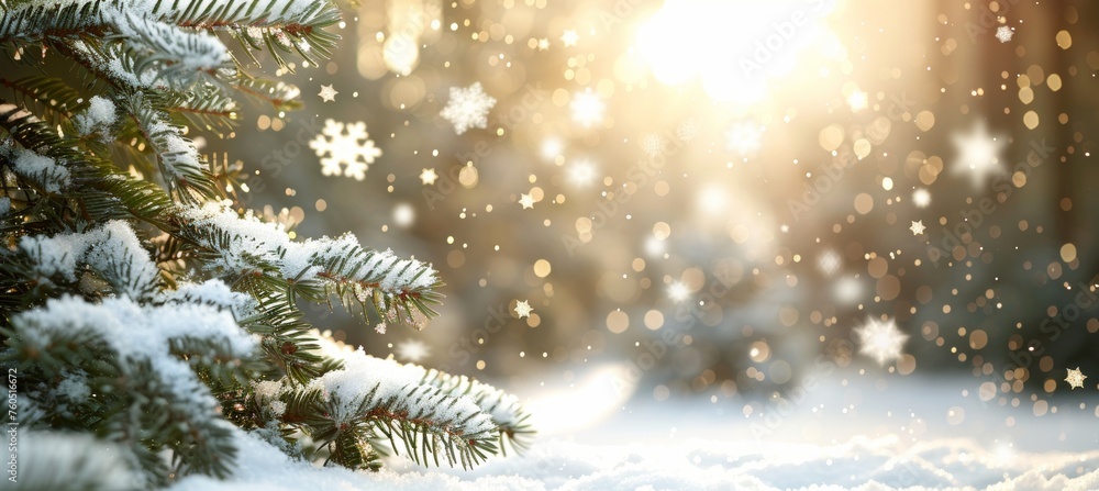 Festive christmas background with pine branch and snowflakes border, copy space available Festive christmas background with pine branch and snowflakes border, copy space available