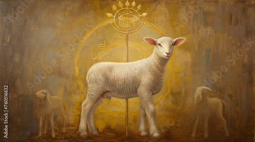 Religious painting of both Judaism and Christianity, focusing on the lamb as a symbol of innocence and purity. photo