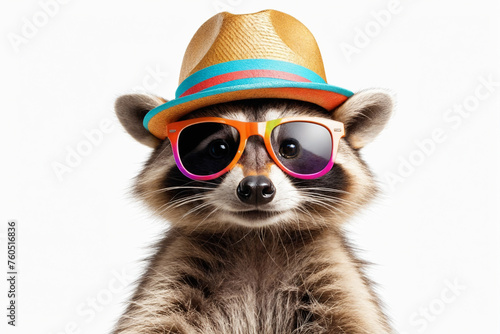 Funny party raccoon wearing colorful summer hat and stylish sunglasses isolated over white background © Giuseppe Cammino