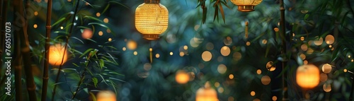 A summer night in ancient China, where lanterns hang from bamboo, lighting up a peaceful garden, the air filled with the chorus of cicadas, minimalist