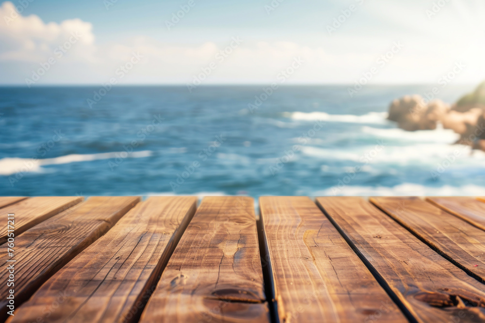 close-up of an empty wooden table and blurred ocean background, mockup background for product display