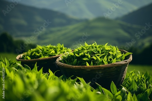 Ceylon tea in wicker baskets on lush green plantation, embodying traditional tea culture