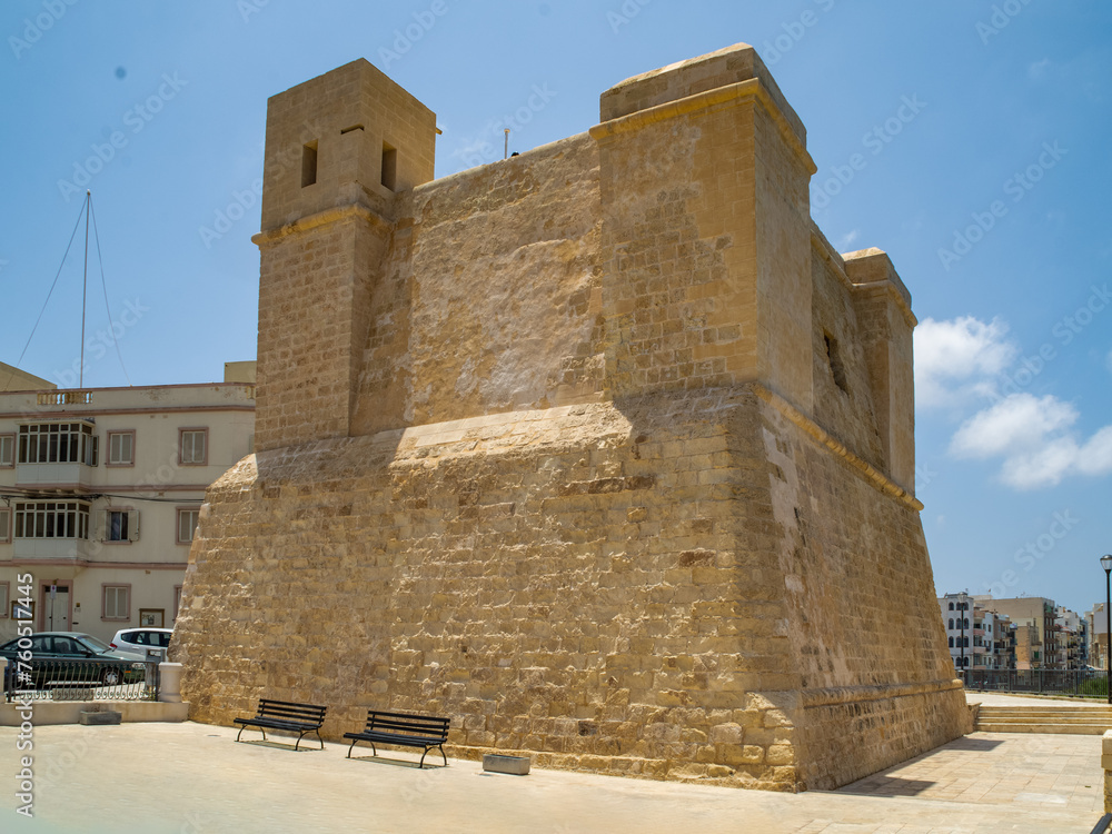 St Paul's Bay, Malta - June 7th 2018: The Wignacourt Tower also known as St. Paul's Bay Tower was the first of six Wignacourt towers built in Malta and was completed in 1610.