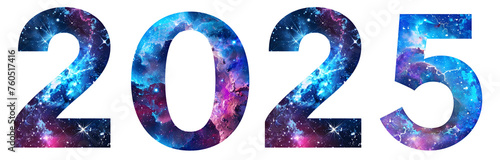 Galaxy theme Number 2025 for new year celebration on transparent background cutout - Generative AI	