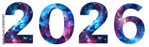 Galaxy theme Number 2026 for new year celebration on transparent background cutout - Generative AI	 photo