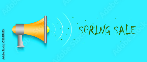 Spring sale, words, and megaphone, on a blue background. Seasonal sales concept. Trade. Business