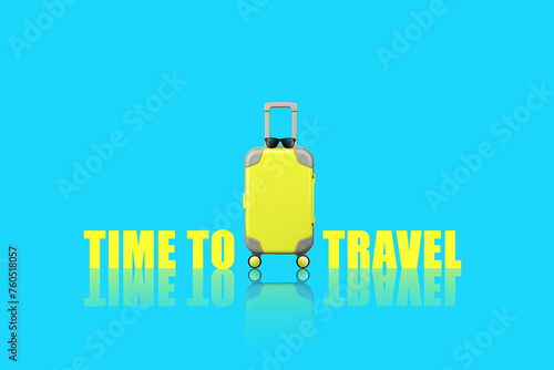 Time to travel. Yellow suitcase in wheels, sunglasses. On a blue background. Trips. Design