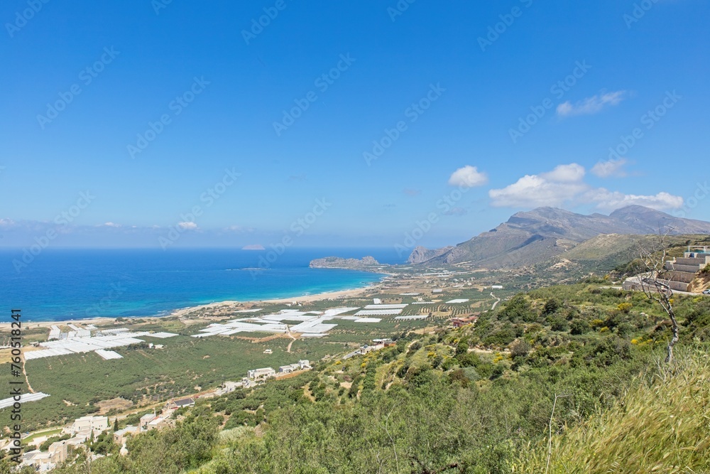 Elevated landscape view of Falasarna in sunny spring weather, Crete, Greece.