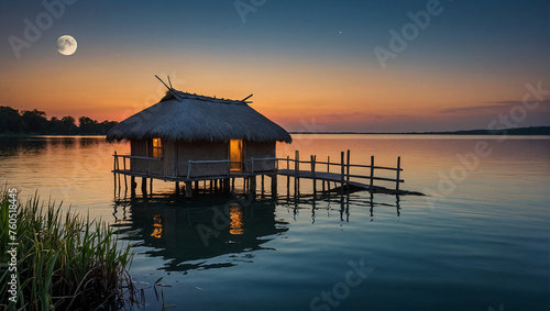 Thatched roof hut on lake at sunset.