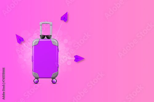 Travel concept. Violet travel suitcase and paper airplanes on a pink background. Copy space. Travel