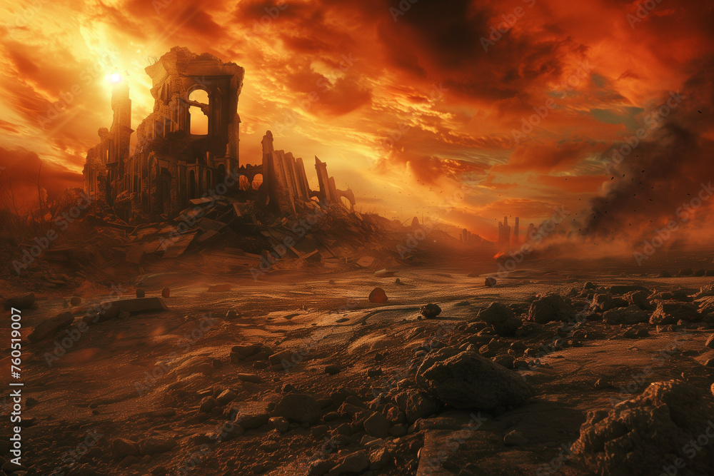 desolate wasteland with remnants of civilization crumbling beneath a fiery sky desolate wasteland with remnants of civilization crumbling beneath a fiery sky