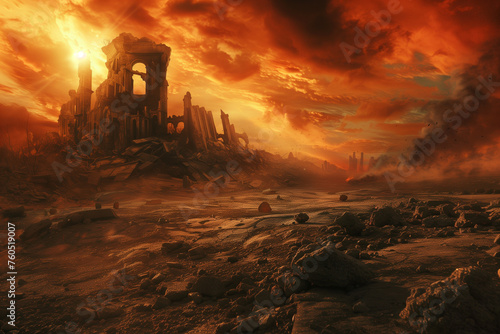 desolate wasteland with remnants of civilization crumbling beneath a fiery sky