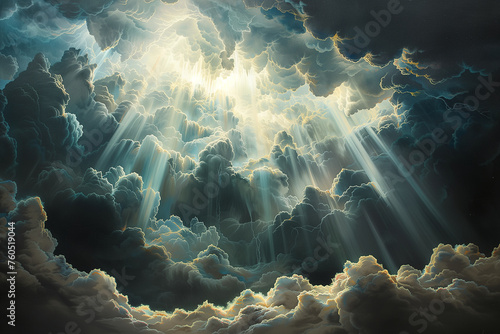 heavens parting as a blinding light pierces through the clouds