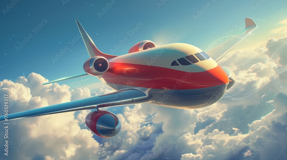 A red and white airplane flying through the sky - obrazy, fototapety, plakaty 