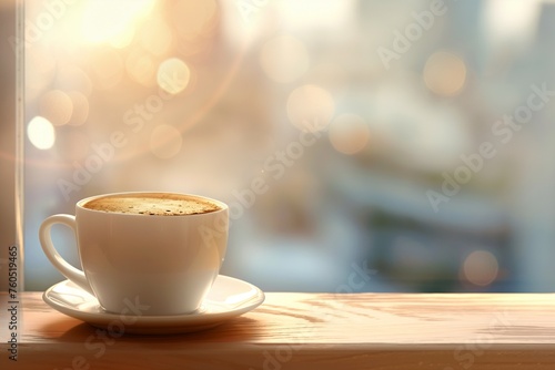 photo of aromatic coffee in a white cup with a white saucer on a light background of the city out of focus