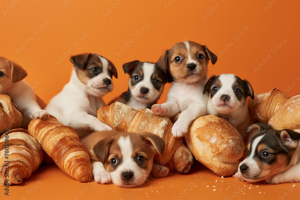 Cute dogs and puppies with bread, croissants, baguettes and buns on bright background. Advertising concept for bakery, coffee shop, store and for dog health publications