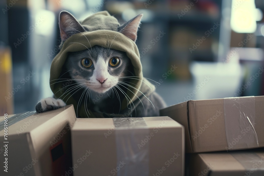 delivery service, cat dressed as a courier with boxes for delivery, positive, cute and funny delivery courier delivery service, cat dressed as a courier with boxes for delivery, positive, cute and funny delivery courier