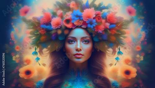 A digital art piece of a girl with flowers in her hair and a surreal background