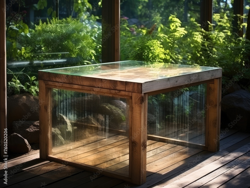 wooden table top in a sunny outdoor