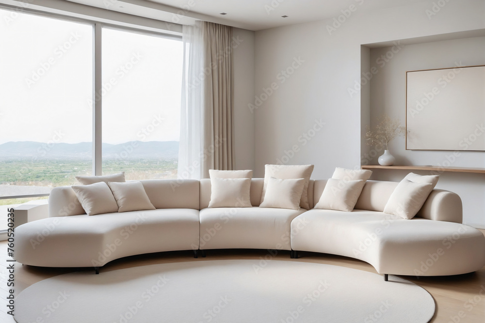 Puffy curved sofa in spacious room. Minimalist home interior design of modern living room Puffy curved sofa in spacious room. Minimalist home interior design of modern living room