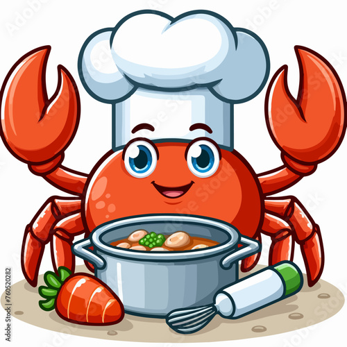 crab wearing chef cap and holding soup pan