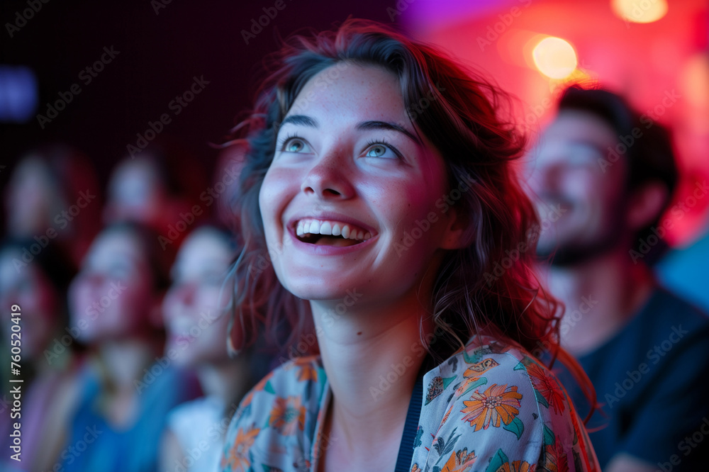 oyful young woman enjoying a live performance with a crowd in the background. Event and entertainment concept. Candid audience moment for social media, advertising, and editorial use, Generative ai