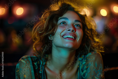 Joyful young woman smiling with a radiant expression in a vibrant concert setting. Happiness and leisure concept. Design for event poster, lifestyle blog, and social media, Generative ai