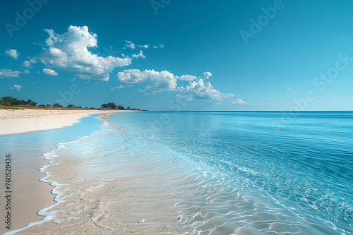 Tranquil sandy beach with gentle waves and clear blue sky. Peaceful seaside and relaxation concept. Design for travel guide, summer vacation promotion, and nature-inspired backdrop, Generative ai © Bank-adtapon