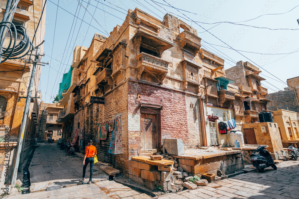street view of jaisalmer golden city, india	